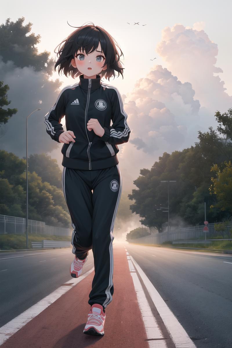 00068-1783003148-masterpiece,best quality,1girl,black short hair,dawn,road,(run,hands_1.2),fog,track jacket, long pants,.png